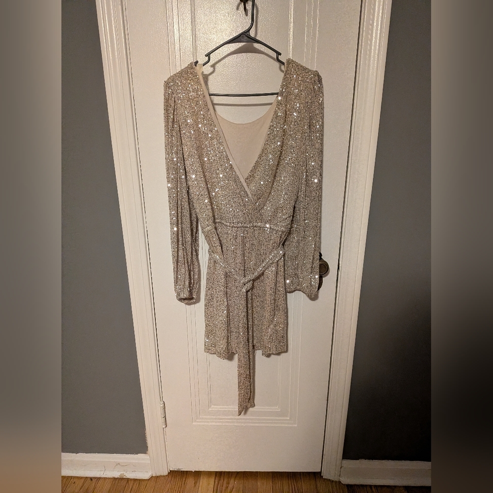 Altar’d State Champagne Sequin Long Sleeve Mini Dress | Size L
